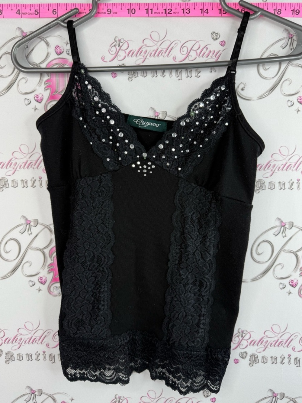 Chuyung tank top rhinestones studded silver Black Lace & Sequin Cami Tank